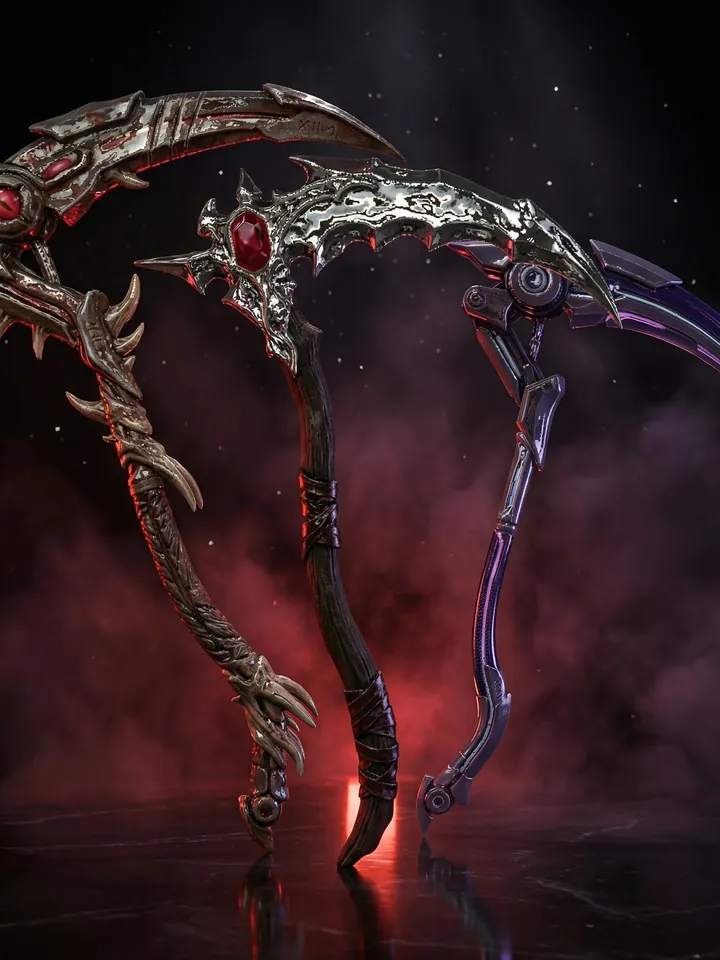 Death Rites, three VRChat scythes in dark chrome with red gems, standing in red mist