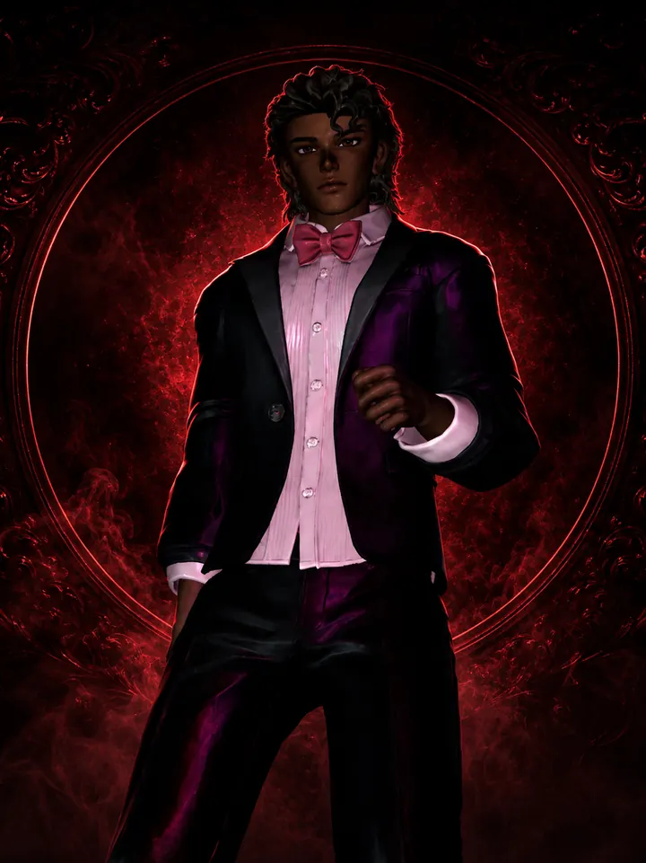 Mikael VRChat avatar in a black velvet tuxedo, pink shirt and bow tie against red smoke