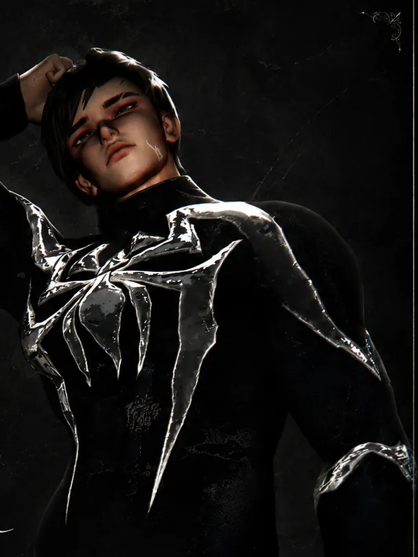 Peter VRChat avatar in a black suit with a silver web emblem, one hand in his hair